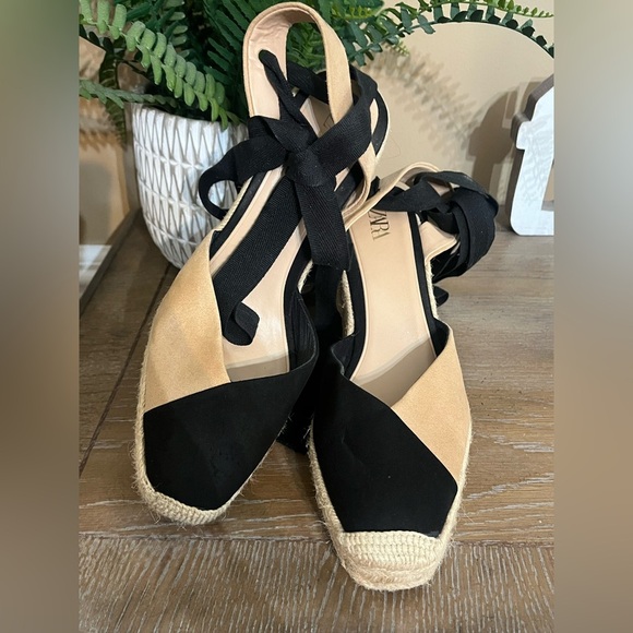 Zara Espadrille Wedge Sandals Black Tan Ankle Tie Wrap Platform Heels Size 8.5 - Picture 15 of 16